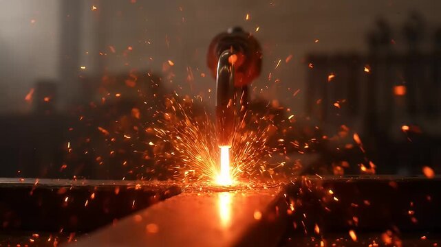 Close up of a metal cutting machine with sparks flying everywhere
