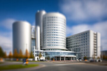 Naklejka premium Modern cylindrical and rectangular office buildings under a blue sky.
