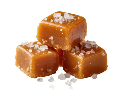Delicious gourmet salted caramel candies, stacked and glistening with sea salt crystals, perfectly isolated PNG on transparent background