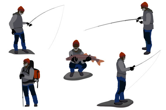 Fishing sport and hobby, traveling, set of fisherman. Vector illustration	
