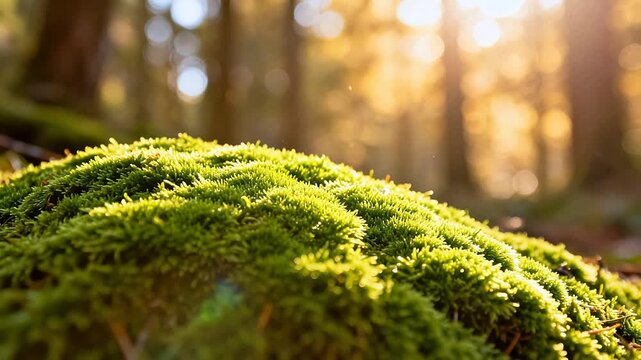 Green moss in forest with sunlight