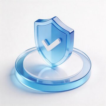 Transparent blue security shield with check mark on platform, cybersecurity protection and data privacy concept, idea for digital security authentication and secure network protection