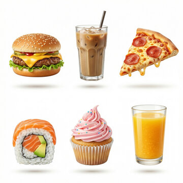Realistic Food and Beverage Skeuomorphic Icon Pack with Burger Pizza Sushi Coffee Cupcake and Juice Ultra Detailed Textures Natural Lighting Clean Background UI Icon Set 