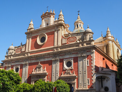Beautiful building in Seville, Spain. Formerly a mosque, now a baroque Roman Catholic church of the Savior or Colegial del Divino Salvador. Ornate Spanish architecture.