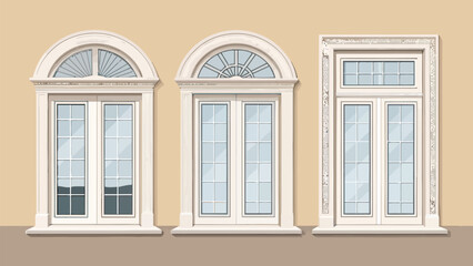 Fototapeta premium Classic and modern window shapes bundle rectangular frames white trim beige wall background architectural elements home design