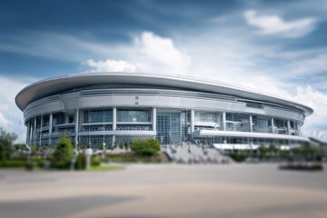 Fototapeta premium Modern stadium with glass facade stands under a cloudy sky.