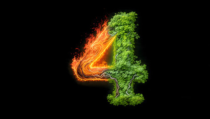 Fototapeta premium Number four with fiery and leafy texture on black background