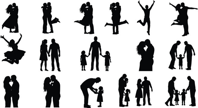 Love and family silhouettes, couples embracing, kissing, joyful jumping, parents with children, nurturing gestures, emotional bonds, lifestyle vector illustration design