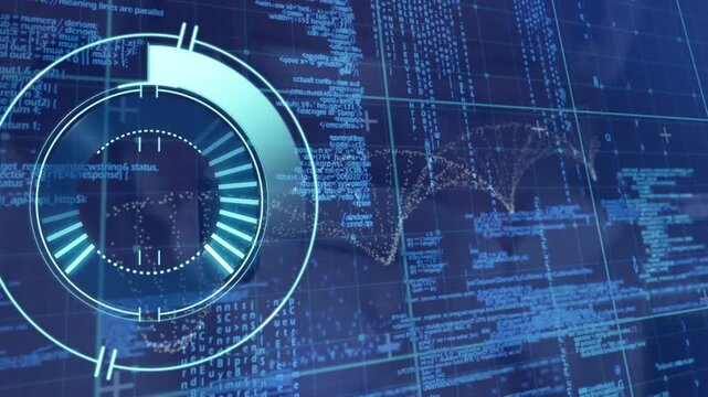 Animation of illuminated radar and dna helix over computer programming language over blue background
