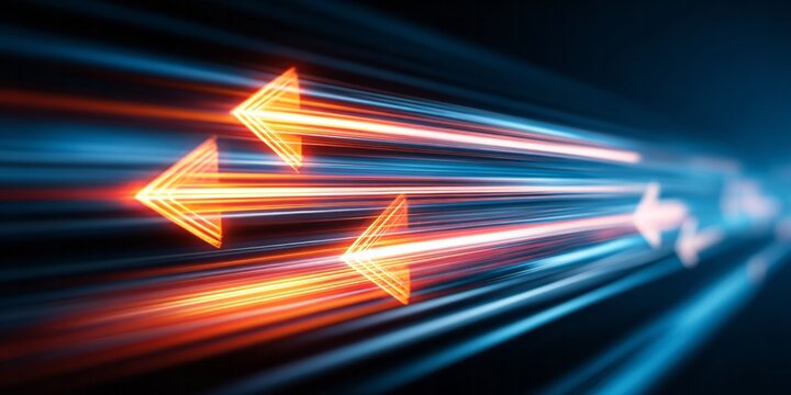 Glowing orange arrows streak forward with light trails.