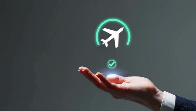 Hand holding glowing airplane icon hologram. Travel, booking, airline service, digital technology, tourism, online reservation and modern business concept.