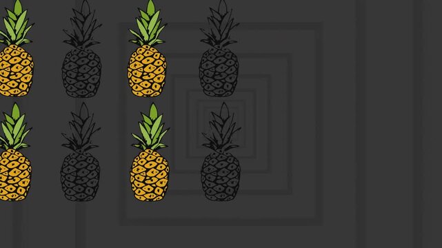 Animated pineapples radiate from a center, creating movement on a black background.