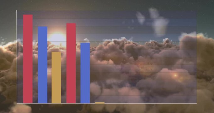 The video features smoky clouds and bright sunlight, with animated statistics processing on screen