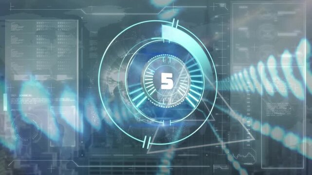 Animation of countdown over round scanner against triangular shapes on seamless pattern
