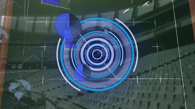 Animation of round scanner and data processing against empty sports stadium
