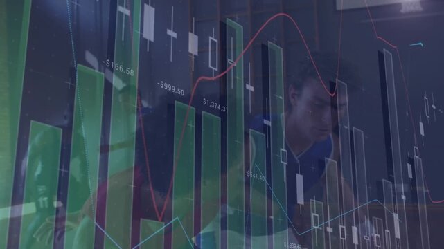 Animation of statistical data processing against team of male basketball players playing basketball