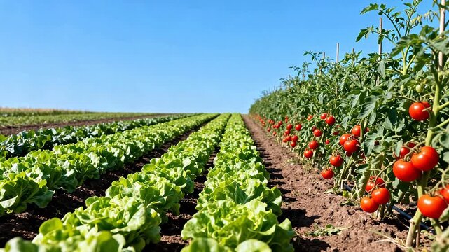 Rows of lettuce and tomatoes in a farm