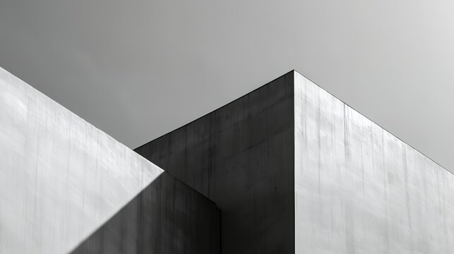 Geometric concrete building exterior under a gray sky with no people