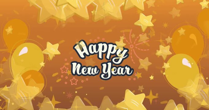 Animation of happy new year text over stars and balloons on orange background