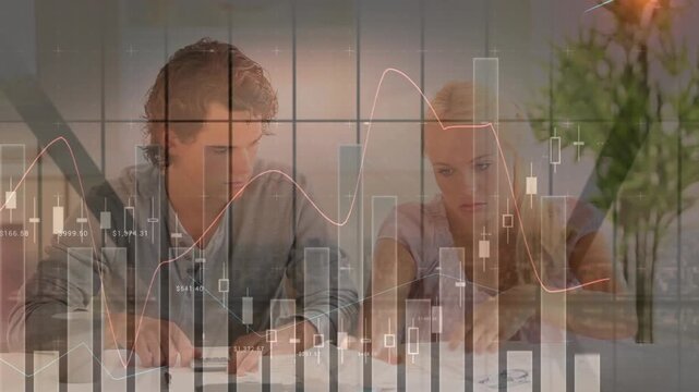 Animation of graphs with numbers over worried caucasian couple examining bills at home