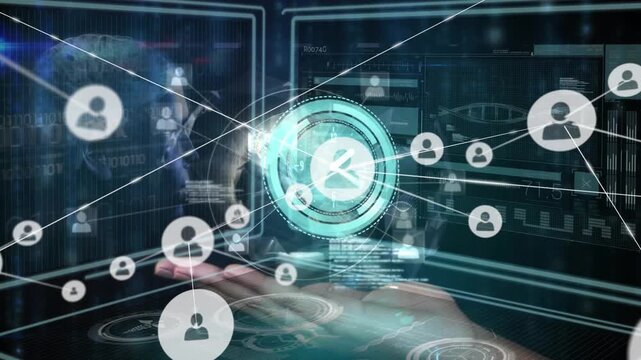 Animation of digital clock, globe over cropped hand of caucasian woman against medical interface