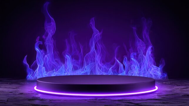 Circular display pedestal glows with bright purple neon illumination surrounded by vivid blue and violet ethereal flames