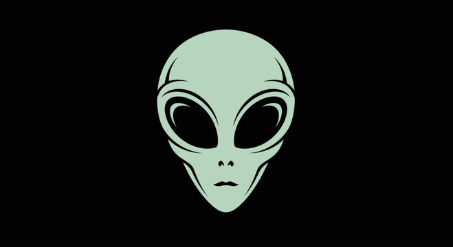 Minimalist graphic illustration of an extraterrestrial head silhouette with large eyes on a dark background, symbolizing mystery, space exploration, and unidentified flying object concepts