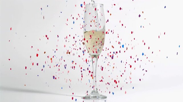 Animation of confetti falling over champagne glass on white background