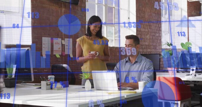 Animation of statistical data processing against diverse man and woman discussing smiling at office