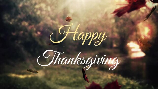Animation of happy thanksgiving text banner and autumn leaves falling against park