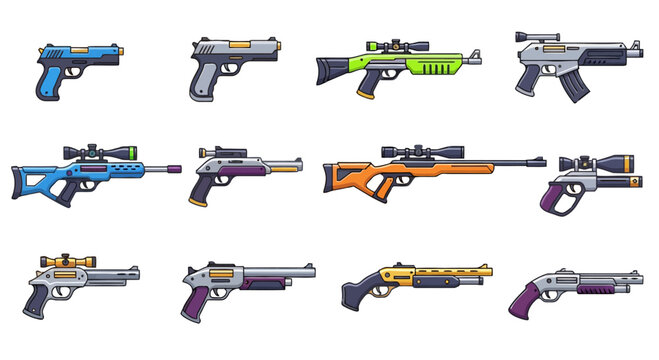 Vibrant collection of pixel art firearms, featuring various stylized pistols, rifles, and shotguns with unique designs and scopes, ideal for retro game development or digital art assets