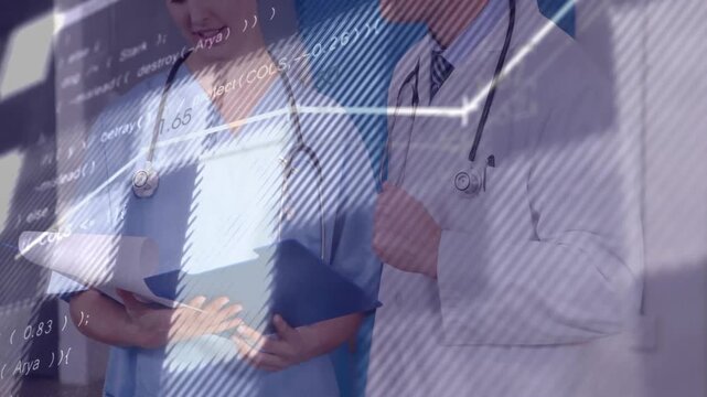 Nurse holding clipboard with doctor projecting rising graph and code overlay healthcare marketing