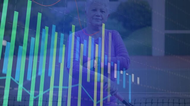 senior woman standing on porch using walker handle, displaying analytics bar charts, red line graph
