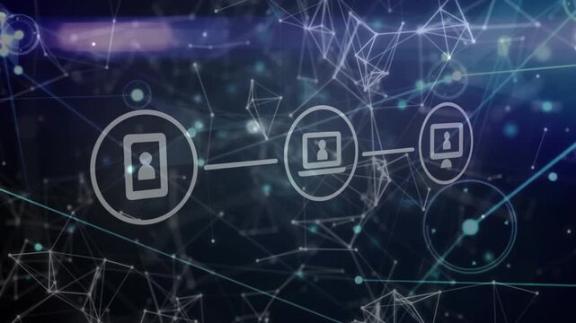 Three device icons floating in dark digital network 3D render, connecting with glowing teal nodes