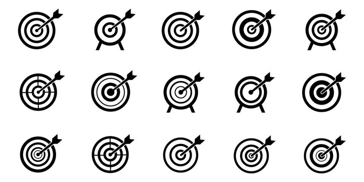 Archery target icon set, aiming for success, precision and accuracy in business and sports, achievement and goal concept, isolated symbol collection