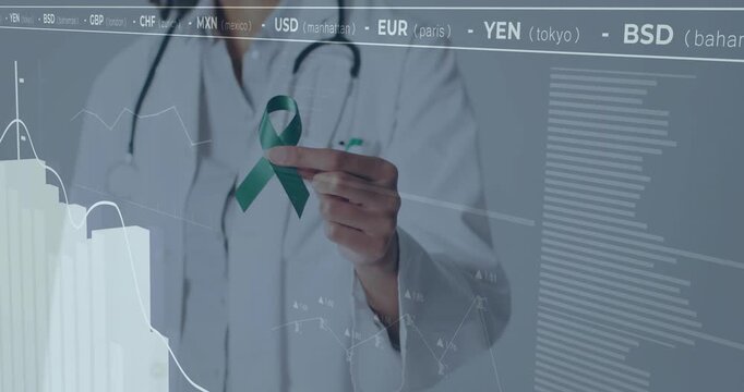 Medical doctor holding ribbon as ticker scrolling driving line graph, bar chart on transparent UI