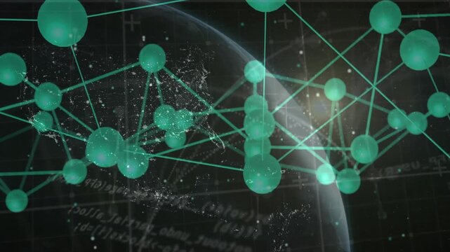 Green nodes emerging, camera panning revealing network wrapping globe pulsing showing connectivity