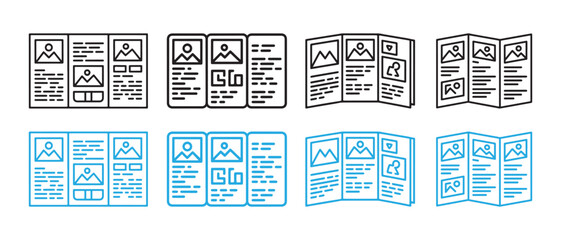 Fototapeta premium Brochure and Flyer Template Icons Set. Folded, Open, and Closed Designs in Line Art and Blue Outline Styles.