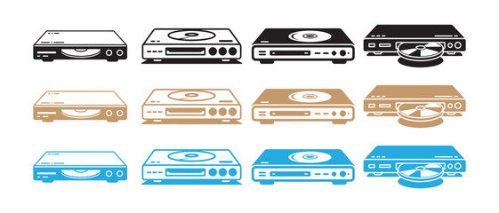 Vector Collection of DVD and Blu-ray Players in Different Colors with Disc States, Representing Home Entertainment Electronics. © Safali