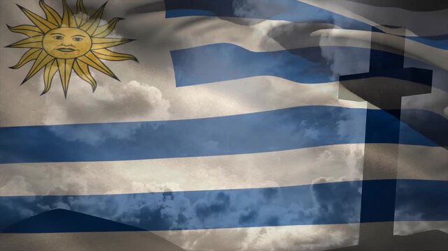 Gentle breeze billowing flag sun emblem tilting and blue-white stripes undulating against clouds