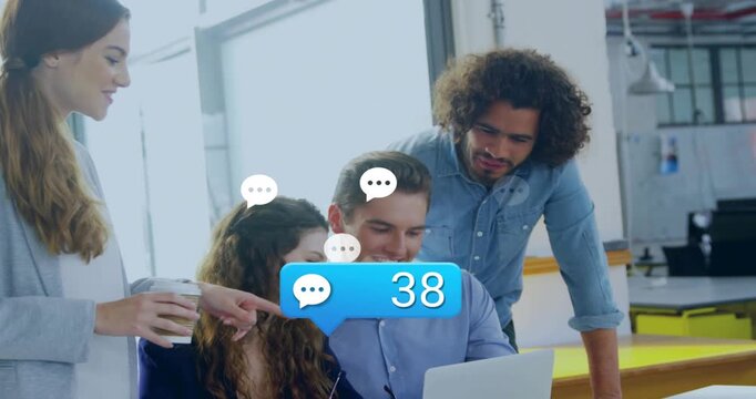 Business team around laptop, pointing at screen and monitoring chat bubble updating to 95 comments