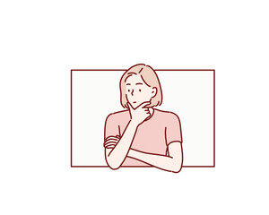 Fototapeta premium Woman thinking inside a square box, confused person feeling trapped and searching for solution, problem solving concept, burnout and mental health metaphor. Original vector illustration drawn by hand.