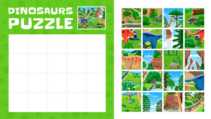 Obraz premium Dinosaur animals jigsaw puzzle quiz logic game. Jurassic era reptile animal jigsaw puzzle vector worksheet with Paralititan, Quaesitosaurus, Shantungosaurus and Arrhinoceratops in rainforest landscape