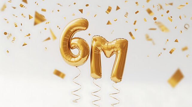 Golden balloon number 6m with confetti for celebration party and anniversary concept