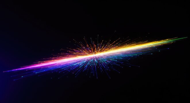 Abstract multicolored light spectrum dispersing on a dark background, showing frequency separation and energy spread, velocity, movement, signal