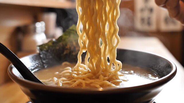 Captivating close-up of delicious ramen noodles being expertly lifted from a steaming, rich broth, showcasing the authentic Japanese culinary experience and tantalizing texture