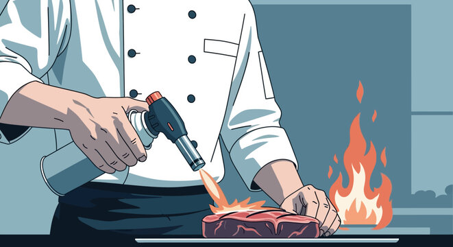 Chef using blow torch to sear steak in modern kitchen