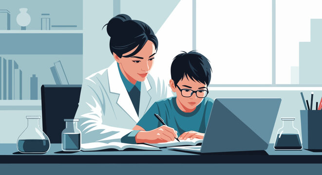 Mother guiding son with homework in modern home office setting