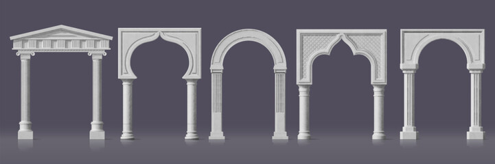 Naklejka premium Realistic palace arch white marble pillar gate or archway, vector 3d architecture set. Ancient roman and greek column arches with carved moldings. Realistic castle, temple or mosque door frame arcs