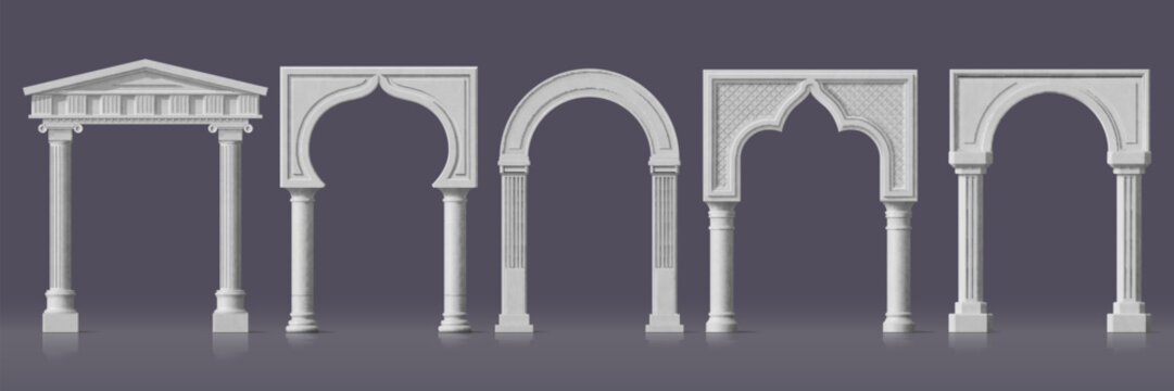 Realistic palace arch white marble pillar gate or archway, vector 3d architecture set. Ancient roman and greek column arches with carved moldings. Realistic castle, temple or mosque door frame arcs